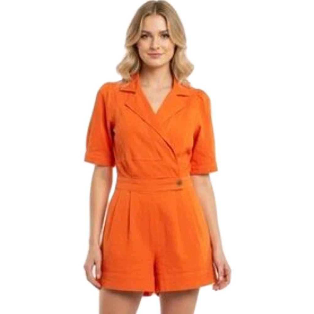 Day + Moon Women's Orange V-neck Romper Puff Sleeves Jumpsuit Size Large NWT $54